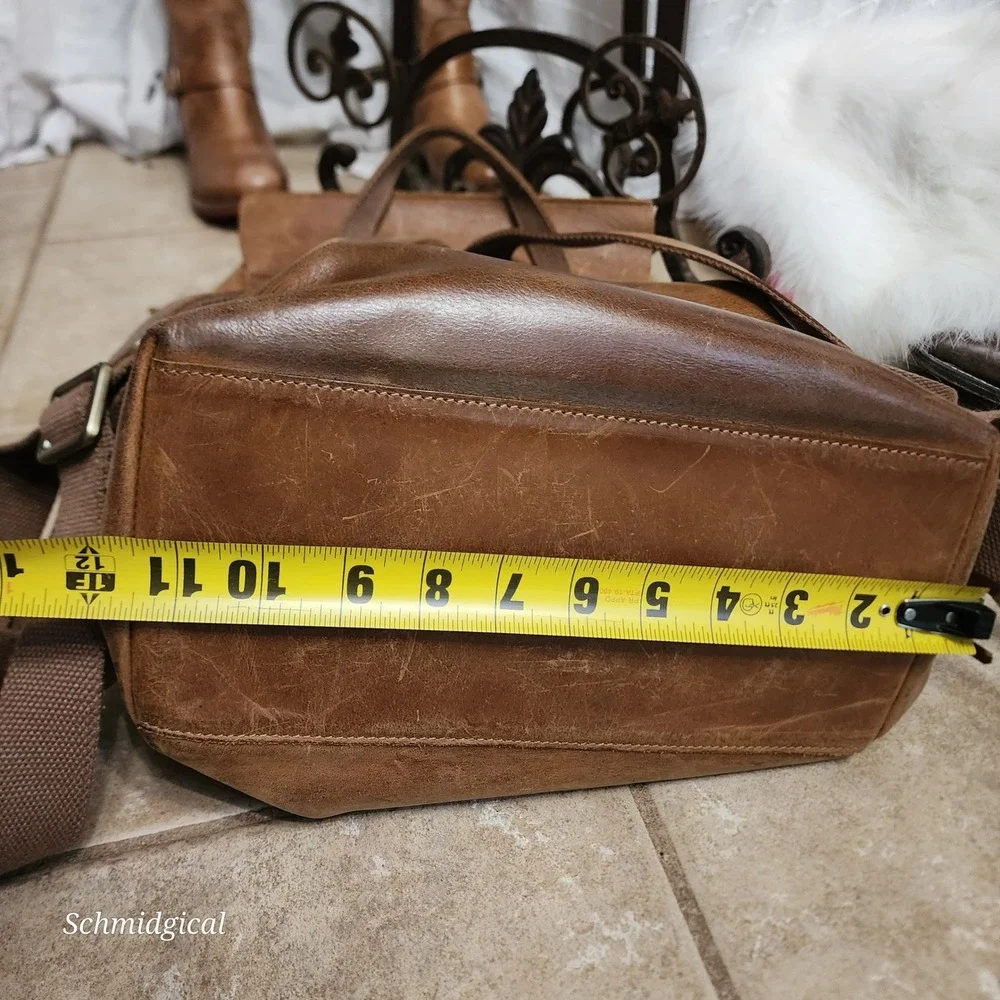 S-ZONE Brown Cowhide Leather Backpack Drawstring Flap School Travel Bag Cognac